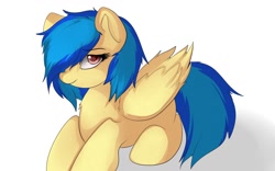Size: 1280x800 | Tagged: safe, artist:evange, oc, oc only, oc:silvia, species:pegasus, species:pony, bedroom eyes, cute, hair over one eye, looking at you, prone, simple background, smiling, solo, white background