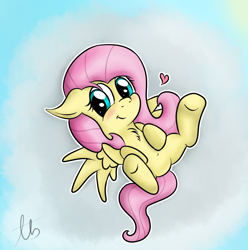 Size: 1144x1152 | Tagged: safe, artist:laptopbrony, character:fluttershy, species:pegasus, species:pony, belly button, bellyrubs, blushing, chest fluff, cloud, cute, female, heart, looking at you, shyabetes, solo, speedpaint available