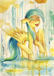 Size: 2888x4036 | Tagged: safe, artist:mufflinka, character:sunshower raindrops, species:pegasus, species:pony, cute, eyes closed, female, floppy ears, happy, mare, open mouth, rain, raised hoof, raised leg, smiling, solo, spread wings, traditional art, watercolor painting, wet, wet mane, wings