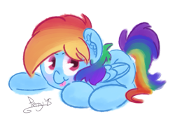 Size: 997x706 | Tagged: safe, artist:perrydotto, character:rainbow dash, species:pegasus, species:pony, cute, ear fluff, female, looking at you, lying down, mare, prone, signature, silly, silly pony, simple background, solo, tongue out, white background