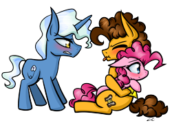 Size: 4000x2857 | Tagged: safe, artist:littlecloudie, character:cheese sandwich, character:pinkie pie, character:pokey pierce, ship:cheesepie, ship:pokeypie, :t, blep, blushing, eyes closed, female, frown, glare, gritted teeth, hug, love triangle, male, pinkie pie gets all the stallions, raspberry, shipping, straight, tongue out, waifu thief