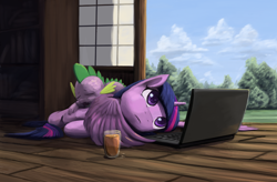 Size: 1490x975 | Tagged: safe, artist:bakuel, character:spike, character:twilight sparkle, character:twilight sparkle (alicorn), species:alicorn, species:pony, bookshelf, computer, drink, female, forest, laptop computer, mare, on side, sleeping, window