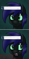 Size: 800x1605 | Tagged: safe, artist:ceejayponi, oc, oc only, oc:sicarius, species:bat pony, species:changeling, species:pony, ask sicarius, cute, fangs, musk, tumblr, wing sniffing