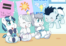 Size: 1248x883 | Tagged: safe, artist:artiecanvas, character:double diamond, character:shining armor, character:soarin', non-mlp oc, oc, oc:lokai, species:pony, baby, cute, cutie mark diapers, diaper, foal, poofy diaper