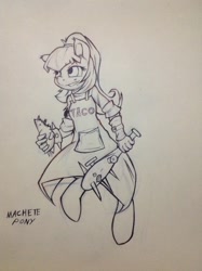 Size: 956x1280 | Tagged: safe, artist:macheteponies, character:sonata dusk, species:anthro, species:unguligrade anthro, apron, clothing, club, monochrome, taco, traditional art, weapon