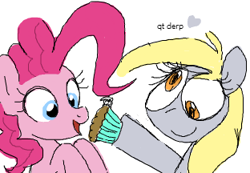 Size: 312x216 | Tagged: safe, artist:hattsy, artist:shutterflye, character:derpy hooves, character:pinkie pie, species:pegasus, species:pony, eyes on the prize, female, flockmod, mare, muffin, open mouth, smiling