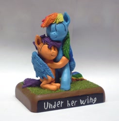 Size: 617x630 | Tagged: safe, artist:ubrosis, character:rainbow dash, character:scootaloo, species:pegasus, species:pony, episode:sleepless in ponyville, g4, my little pony: friendship is magic, clay, craft, hug, irl, photo, scootalove, sculpey, sculpture, winghug