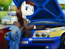 Size: 2600x2000 | Tagged: safe, artist:apocheck13, oc, oc only, species:pony, bipedal, car, clothing, jeans, plot, solo, station wagon, wrench