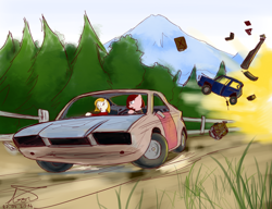 Size: 2600x2000 | Tagged: safe, artist:apocheck13, oc, oc only, car, driving, explosion, flatout, forest background, game, mountain