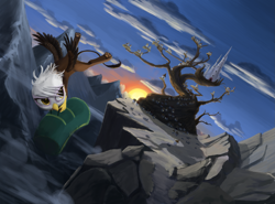 Size: 1747x1292 | Tagged: safe, artist:bakuel, character:gilda, species:griffon, castle griffonstone, chickub, city, duffle bag, dutch angle, flying, griffonstone, mountain, running away, scenery, tree, younger