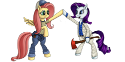 Size: 2560x1280 | Tagged: safe, artist:bra1neater, character:fluttershy, character:rarity, axe, clothing, ellis, hat, high five, hoofbump, jeans, left 4 dead, nick, snapback, suit