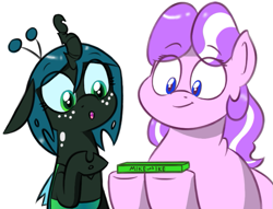 Size: 761x580 | Tagged: safe, artist:syggie, character:diamond tiara, character:queen chrysalis, ask chubby diamond, ask the changeling princess, chubby, cute, cutealis, diamondbetes, fat, female, filly, filly queen chrysalis, foal, mike and ikes, nymph, princess chrysalis, simple background, style emulation, white background, younger