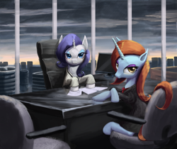 Size: 1094x921 | Tagged: safe, artist:bakuel, character:rarity, character:sassy saddles, species:pony, species:unicorn, episode:canterlot boutique, g4, my little pony: friendship is magic, business suit, businessmare, clothing, desk, female, mare, office