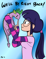 Size: 1041x1347 | Tagged: safe, artist:megasweet, artist:trelwin, character:spike, character:twilight sparkle, canter girls, glasses, humanized, lizard, ponytail