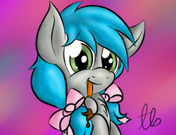 Size: 552x425 | Tagged: safe, artist:laptopbrony, oc, oc only, oc:darcy sinclair, species:pegasus, species:pony, :t, bow, chest fluff, cute, female, gradient background, hair bow, looking at you, mare, mouth hold, paintbrush, pigtails, smiling, solo