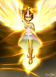 Size: 1024x1408 | Tagged: safe, artist:teammagix, character:daydream shimmer, character:sunset shimmer, equestria girls:friendship games, g4, my little pony: equestria girls, my little pony:equestria girls, armpits, beautiful, clothing, daydream shimmer, dress, female, fiery shimmer, fire, looking at you, magic, signature, skirt, solo, that was fast