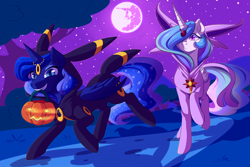 Size: 7086x4724 | Tagged: safe, artist:g-blue16, character:princess celestia, character:princess luna, clothing, costume, crossover, cute, duo, espeon, frown, grin, hair over one eye, hoodie, horn jewelry, horn ring, jack-o-lantern, jewelry, kigurumi, looking at you, mare in the moon, moon, mouth hold, night, nightmare night, pokémon, pumpkin bucket, raised hoof, raised leg, running, smirk, umbreon