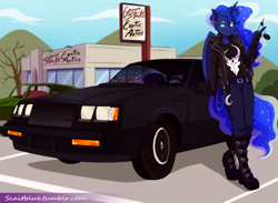 Size: 1280x937 | Tagged: safe, artist:g-blue16, character:princess luna, species:anthro, buick, buick gnx, car, clothing, earring, female, fingerless gloves, gloves, leather jacket, piercing, solo
