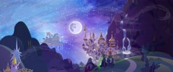 Size: 5120x2160 | Tagged: safe, artist:minty root, background, canterlot, cloudsdale, dinky's destiny, mare in the moon, moon, night, scenery, twilight's castle