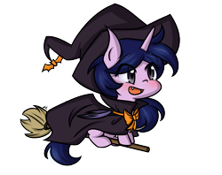 Size: 2900x2300 | Tagged: safe, artist:littlecloudie, oc, oc only, oc:misty glitz, species:bat pony, species:pony, species:unicorn, blushing, bow, broom, clothing, cute little fangs, fangs, flying, flying broomstick, hat, open mouth, simple background, solo, transparent background, witch, witch hat