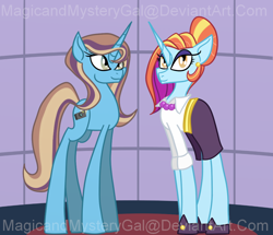 Size: 1000x860 | Tagged: safe, artist:magicandmysterygal, character:sassy saddles, oc, oc:news flash, parent:fashion plate, parent:sassaflash, alternate hairstyle, clothing, earring, mother and daughter, necklace, offspring, piercing, shirt, shoes, skirt