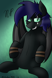 Size: 1000x1500 | Tagged: safe, artist:ceejayponi, oc, oc only, oc:sicarius, species:bat pony, species:pony, bat wings, belly, belly button, chest fluff, gauntlet, male, smirk, wings