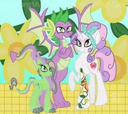 Size: 960x860 | Tagged: safe, alternate version, artist:magicandmysterygal, character:spike, character:sweetie belle, oc, oc:melody, parent:spike, parent:sweetie belle, parents:spikebelle, species:dracony, species:dragon, species:pony, species:unicorn, ship:spikebelle, episode:crusaders of the lost mark, g4, my little pony: friendship is magic, alternate hairstyle, bandana, cutie mark, eyeshadow, family, female, hybrid, interspecies offspring, makeup, male, offspring, older, shipping, straight, tattoo, the cmc's cutie marks, updated design