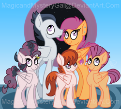 Size: 1000x896 | Tagged: safe, artist:magicandmysterygal, character:rumble, character:scootaloo, oc, oc:melon crush, oc:rose fire, oc:windy whirl, parent:rumble, parent:scootaloo, parents:rumbloo, species:pegasus, species:pony, ship:rumbloo, episode:crusaders of the lost mark, g4, my little pony: friendship is magic, cutie mark, ear piercing, family, female, goatee, male, offspring, older, piercing, shipping, straight, the cmc's cutie marks