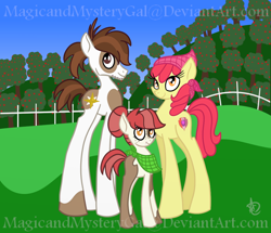 Size: 1000x860 | Tagged: safe, artist:magicandmysterygal, character:apple bloom, character:pipsqueak, oc, oc:little seed, parent:apple bloom, parent:pipsqueak, parents:pipbloom, episode:crusaders of the lost mark, g4, my little pony: friendship is magic, alternate hairstyle, bandana, chin fluff, cutie mark, family, female, freckles, handkerchief, impossibly long legs, male, offspring, older, pipbloom, shipping, straight, the cmc's cutie marks