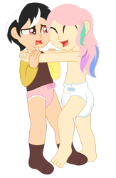 Size: 722x1106 | Tagged: safe, artist:the-crusader-network, character:discord, character:princess celestia, species:human, age regression, clothing, cute, diaper, humanized, messy diaper, panties, poop, underwear, younger