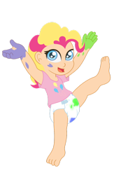 Size: 722x1106 | Tagged: safe, artist:the-crusader-network, character:pinkie pie, species:human, age regression, barefoot, cute, diaper, feet, female, humanized, paint, poofy diaper, solo, younger