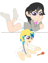 Size: 782x1021 | Tagged: safe, artist:the-crusader-network, character:dj pon-3, character:octavia melody, character:vinyl scratch, species:human, age regression, cute, diaper, humanized, poofy diaper