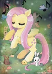 Size: 444x628 | Tagged: safe, artist:piripaints, character:angel bunny, character:fluttershy, animal, duo, eyes closed, forest, music notes, open mouth, signature, singing