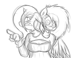 Size: 1024x768 | Tagged: safe, artist:deoix, oc, oc only, oc:bittersweet tea, species:anthro, blushing, clothing, conjoined, conjoined twins, grayscale, keyhole turtleneck, monochrome, multiple heads, open mouth, open-chest sweater, sweater, traditional art, turtleneck, two heads