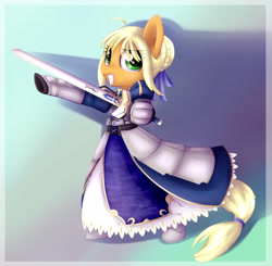 Size: 3613x3535 | Tagged: safe, artist:artoftheghostie, character:applejack, species:pony, armor, bipedal, crossover, fate/stay night, female, grin, saber, solo, sword