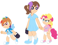 Size: 1013x788 | Tagged: safe, artist:the-crusader-network, character:pinkie pie, character:rainbow dash, non-mlp oc, oc, species:human, age regression, cute, diaper, humanized, poofy diaper, pullup (diaper), simple background, transparent background, trick or treat