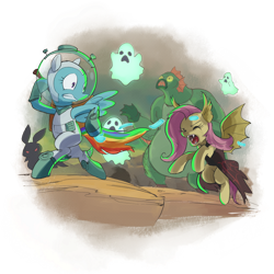 Size: 1024x1024 | Tagged: safe, artist:stupjam, character:flutterbat, character:fluttershy, character:harry, character:rainbow dash, species:bat pony, species:pony, episode:scare master, g4, my little pony: friendship is magic, astrodash, astronaut, clothing, costume, flutterbat costume, ghost, harry the swamp monster, nightmare night, nightmare night costume, parody, space suit, team fortress 2
