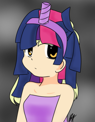 Size: 653x840 | Tagged: safe, artist:cute_pinkie7, base used, character:derpy hooves, character:twilight sparkle, species:human, episode:scare master, g4, my little pony: friendship is magic, alicorn costume, clothing, costume, fake horn, female, humanized, nightmare night, nightmare night costume, solo, toilet paper roll, toilet paper roll horn, twilight muffins, wig