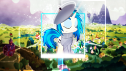Size: 2560x1440 | Tagged: safe, artist:cool77778, artist:shaakuras, edit, character:dj pon-3, character:vinyl scratch, species:pony, species:unicorn, canterlot castle, clothing, cutie mark, eyes closed, female, french, horn, mare, ponyville, smiling, solo, sweet apple acres, vector, wallpaper