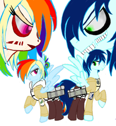 Size: 720x778 | Tagged: safe, artist:tsundra, character:rainbow dash, character:soarin', species:pony, attack on titan, crossover, female titan, parody, rogue titan, simple background, transparent background