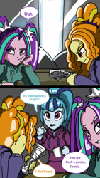 Size: 720x1280 | Tagged: safe, artist:miracle32, character:adagio dazzle, character:aria blaze, character:sonata dusk, equestria girls:friendship games, g4, my little pony: equestria girls, my little pony:equestria girls, cup, dialogue, newspaper, the dazzlings