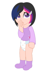 Size: 722x1106 | Tagged: safe, artist:the-crusader-network, character:twilight sparkle, species:human, age regression, cute, diaper, humanized, pullup (diaper), thumb sucking, twiabetes