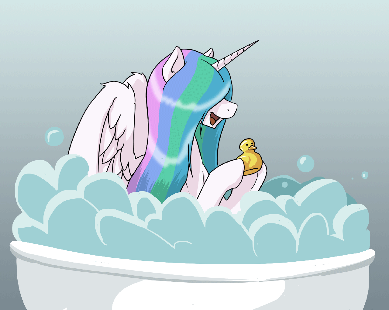 Size: 1280x1020 | Tagged: dead source, safe, artist:thekuto, character:princess celestia, species:alicorn, species:pony, animated, bath, bathing, bathtub, bubble, bubble bath, cute, cutelestia, female, frame by frame, gradient background, hair over eyes, happy, hidden eyes, majestic as fuck, mare, open mouth, rubber duck, simple background, smiling, solo, spread wings, wet mane, wing fluff, wings