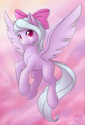 Size: 675x1000 | Tagged: safe, artist:skyheavens, character:flitter, species:pegasus, species:pony, bow, colored pupils, crepuscular rays, digital art, female, flying, hair bow, hoof fluff, looking at you, mare, missing cutie mark, sky, smiling, solo, spread wings, wings