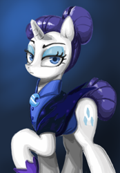 Size: 558x800 | Tagged: safe, artist:miracle32, character:rarity, species:pony, species:unicorn, episode:the cutie re-mark, alternate timeline, bun, clothing, female, mare, night maid rarity, nightmare takeover timeline, raised hoof, solo
