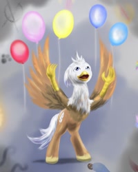 Size: 1024x1280 | Tagged: safe, artist:kwendynew, oc, oc only, oc:silver quill, species:classical hippogriff, species:griffon, species:hippogriff, balloon, continuity, male, non-pony oc, solo