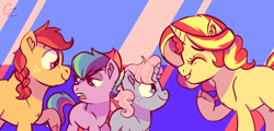 Size: 1024x493 | Tagged: safe, artist:hateful-minds, character:sunset shimmer, oc, oc:carol shine, oc:jolly holly, oc:razzle dazzle, parent:pinkie pie, parent:sonata dusk, parent:sunset shimmer, parent:trixie, parents:ariadash, parents:sunata, parents:trixiepie, species:pony, female, filly, magical lesbian spawn, offspring