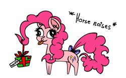 Size: 800x500 | Tagged: safe, artist:yooyfull, character:pinkie pie, christmas, descriptive noise, female, horse noises, meme, present, solo, tail bow
