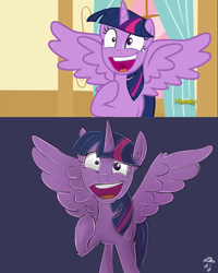 Size: 1024x1278 | Tagged: safe, artist:replacer808, character:twilight sparkle, character:twilight sparkle (alicorn), species:alicorn, species:pony, episode:party pooped, g4, my little pony: friendship is magic, :d, female, grin, mare, raised hoof, scene interpretation, solo, spread wings, sweat, twilight snapple, wings