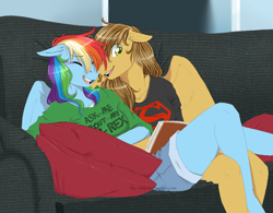 Size: 1280x996 | Tagged: safe, artist:the-chibster, character:rainbow dash, oc, oc:swift sketch, species:anthro, species:plantigrade anthro, book, canon x oc, couch, shipping